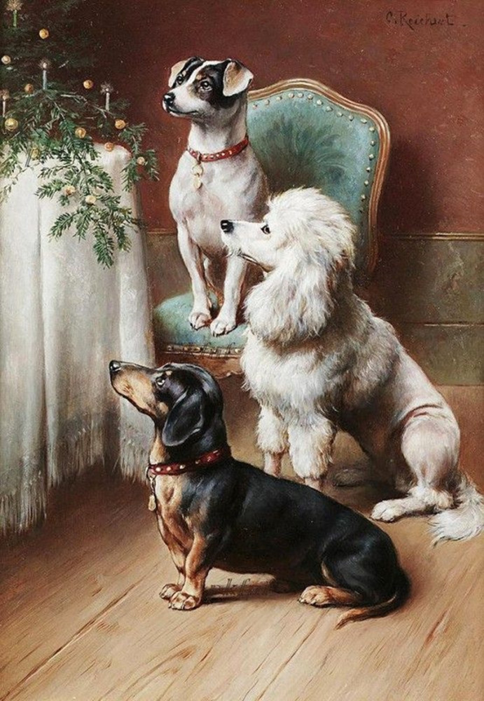 Reichert festmény, három kutya ül, ablakon kinéz